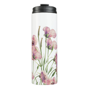 Termo Taza Flores De Amapola Acuarela Simple & Hermosa.