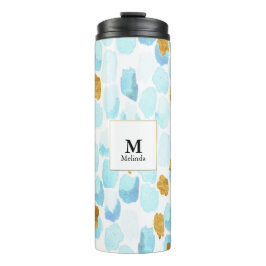 Termo Taza Monograma de Puntos de Acuarela Azul y Dorado