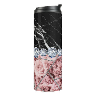 Termo Taza térmica con brillo negro rosa mármol plata bl
