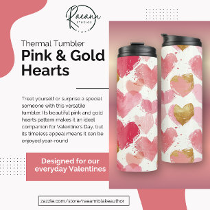 Termo Taza térmica de corazones rosados y dorados