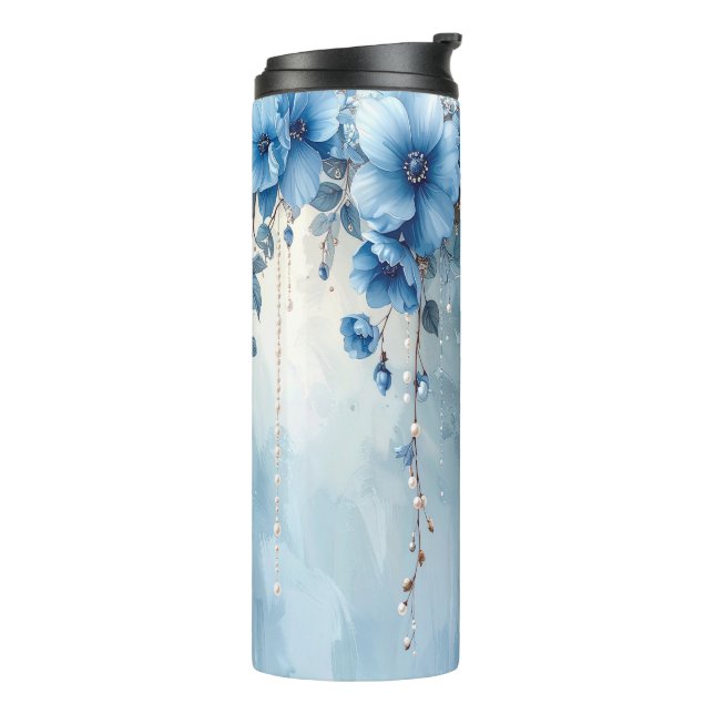 Termo Taza térmica de flores azules y perlas (Rotado hacia la izquierda)