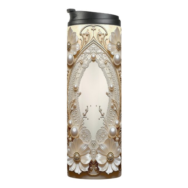 Termo Taza Térmica de Flores Blancas Modernas Perlas (Rotado hacia la derecha)