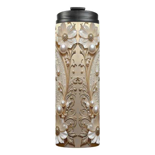 Termo Taza Térmica de Flores Blancas Modernas Perlas (Anverso)