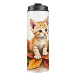 Termo Taza Térmica de Gatito en Montón de Hojas