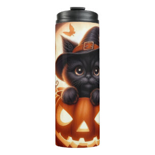 Termo Taza térmica de Halloween adorable de bruja gato c
