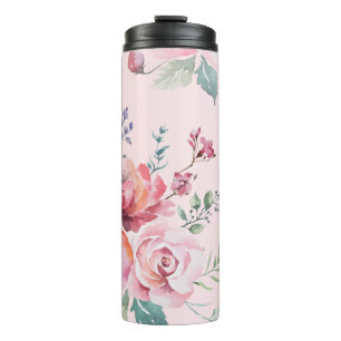 Termo Taza térmica estética de rosas rosadas en acuarela