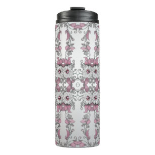 Termo Taza térmica floral blanca plateada rosa