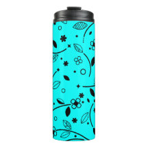 Taza térmica floral de arte de línea negro turques