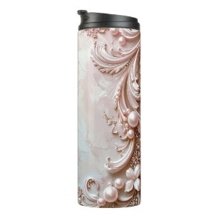 Termo Taza térmica floral y perla ornamentada rosa