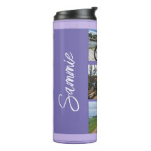 Taza térmica púrpura con nombre y collage de fotos