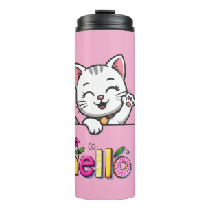 Termo Taza térmica rosa de gato que saluda adorable