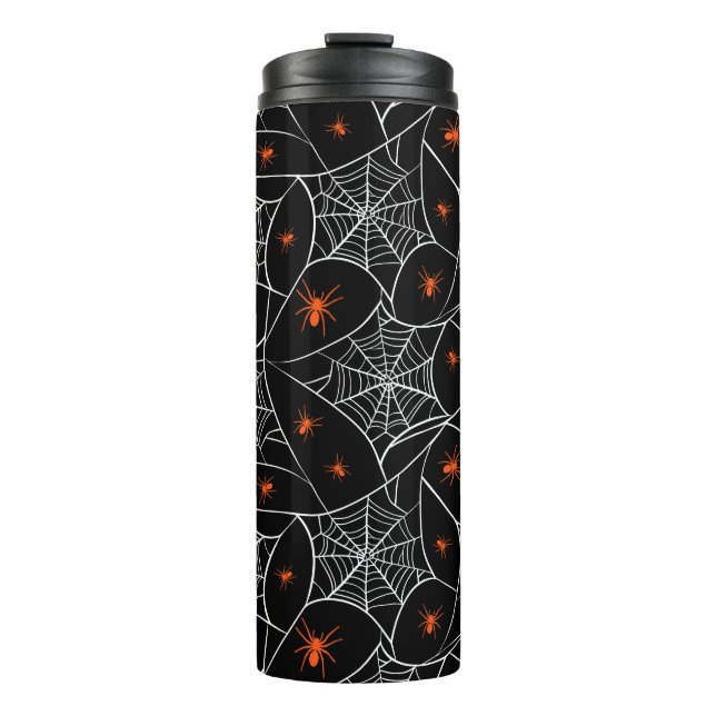 Termo telaraña de Halloween y fondo de arañas. (Anverso)