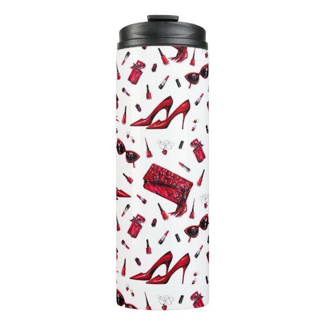 Termo Telas rojas, patrón de accesorios de moda. (Anverso)