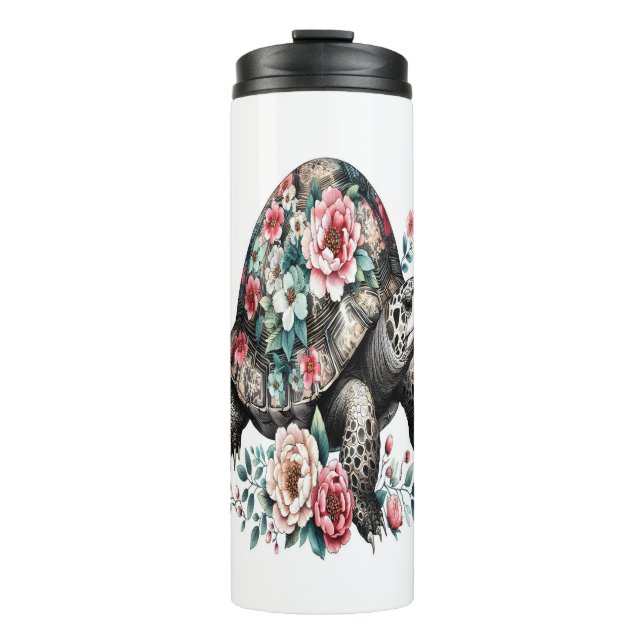 Termo Tinta y tortuga de lavado con caparazón floral. (Anverso)