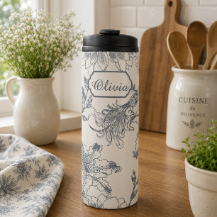 Termo Toile Botánico Vintage Francés País Rústico Pájaro