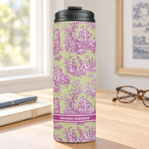Termo Toile de Jouy Verde Rosa País Francés Vintage