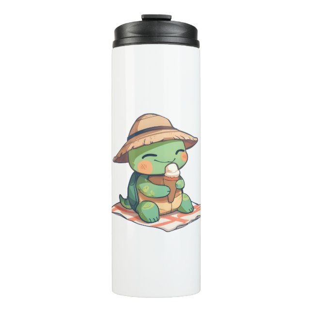 Termo Tortuga Kawaii Chibi con Sombrero de Paja Comiendo (Anverso)