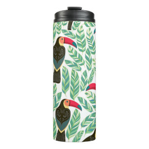 Termo Toucans, hojas tropicales, patrón decorativo.