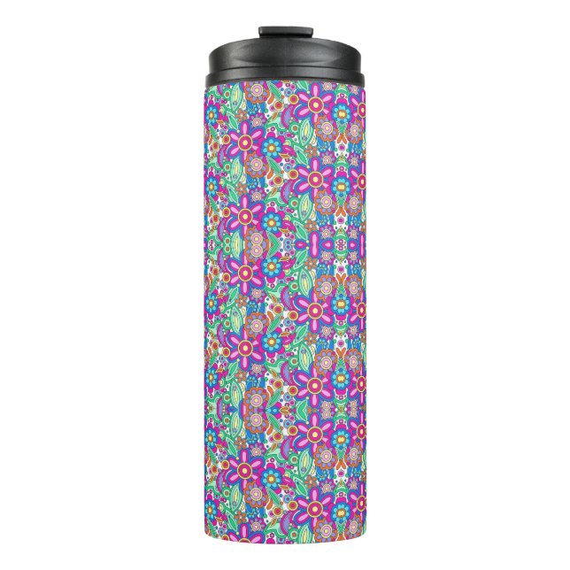 Termo Travel mug with vibrant, kaleidoscopic pattern. (Anverso)