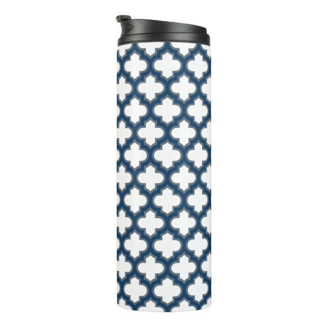 Termo Trellis azul blanco y naval, Entramado, Quatrefoil (Rotado hacia la derecha)