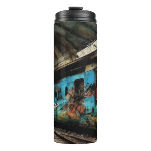 Termo Tren abandonado con arte urbano de grafitis en la