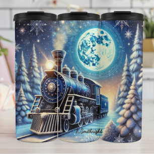 Termo Tren Azul Mágico de Navidad Escena a la Luz de la
