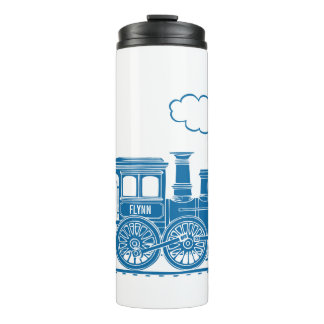 Termo Tren de vapor azul sobre blanco con gráfico de nom