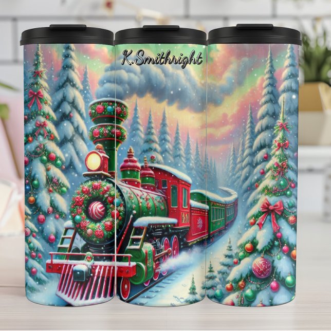 Termo Tren del bosque festivo rojo y verde (Subido por el creador)