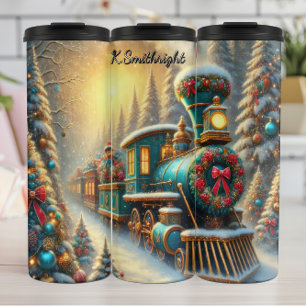 Termo Tren festivo dorado y verde acuático en bosque nev