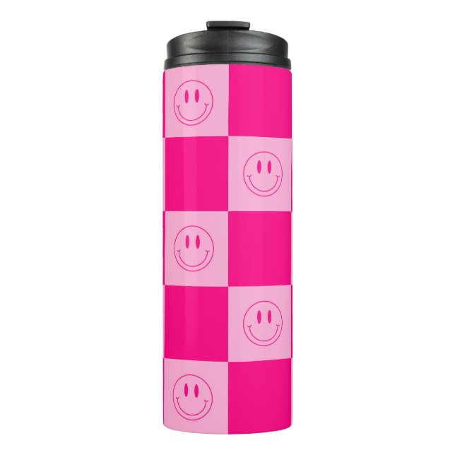 Termo Trendy Hot Pink Checkered Cute Feliz Cara Sonrient (Anverso)