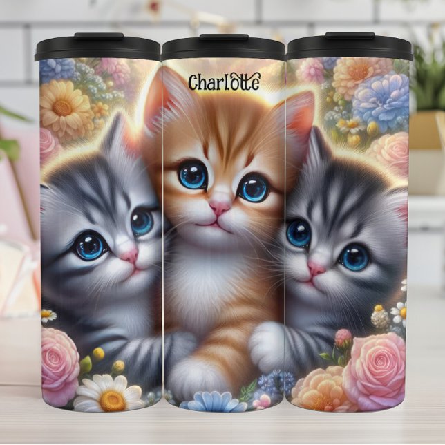 Termo Trío de gatitos: Marco lindo, tierno y floral (Subido por el creador)