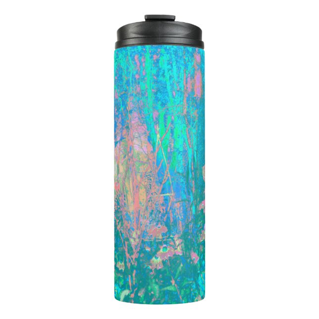 Termo Trippy Aqua Sunrise con flores psicodélicas (Anverso)