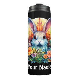 Termo Tu nombre Fluffy Bunny y flores