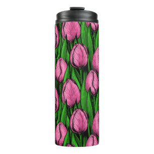 Termo Tulipanes rosados con hojas verdes