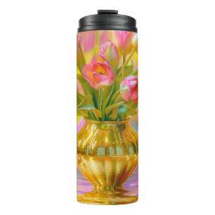 Termo Tulipanes rosados vibrantes en la caja dorada