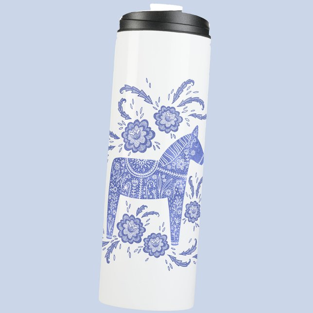 Termo Tumblador termal azul y blanco de Dala sueco (Swedish Dala horse blue and white thermal tumbler)