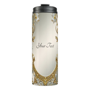 Termo Tumblador termal floral blanco ornato de oro