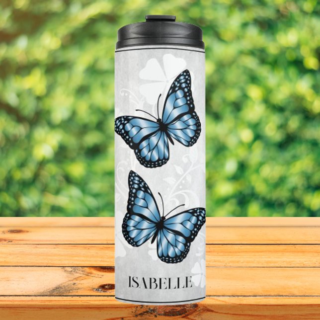Termo Tumblador térmico personalizado de flor de maripos (Blue Butterfly Floral Personalized Thermal Tumbler)