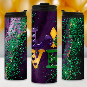 Termo Tumbler de Mardi Gras, Mármol, Brillo y Amor