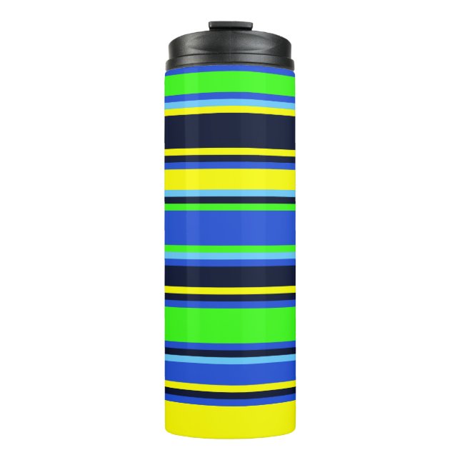 Termo Tumbler de tiras negrita, azul y amarillo (Anverso)