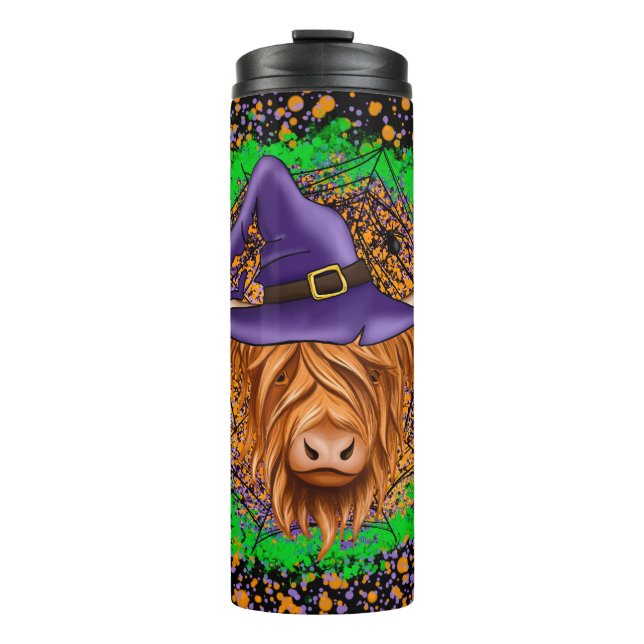Termo Tumbler de viaje de halloween Witch Highland Cow (Anverso)