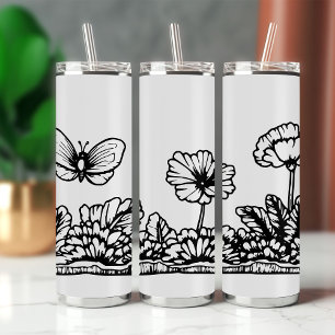 Termo Tumbler de viaje floral de mariposa negra y blanca
