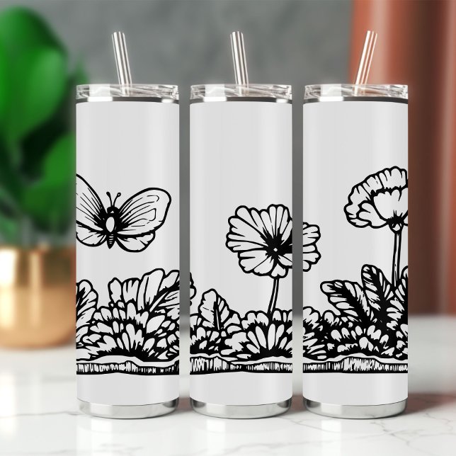 Termo Tumbler de viaje floral de mariposa negra y blanca (Subido por el creador)