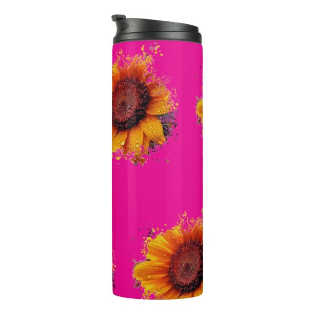 Termo Tumbler rosa con diseño de girasol (Rotado hacia la derecha)