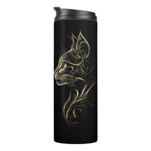 Termo Tumbler termal negro con diseño de gato dorado