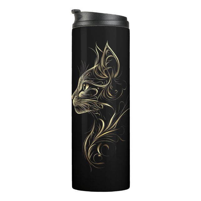 Termo Tumbler termal negro con diseño de gato dorado (Rotado hacia la derecha)
