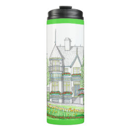 Termo Tumbler termal verde de arquitectura victoriana