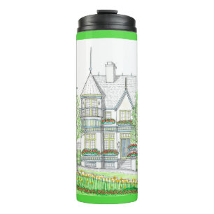 Termo Tumbler termal verde de arquitectura victoriana