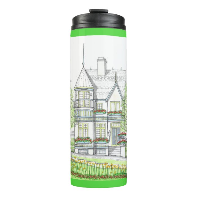 Termo Tumbler termal verde de arquitectura victoriana (Anverso)