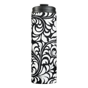 Termo Tumbler térmico de impresión floral blanco y negro